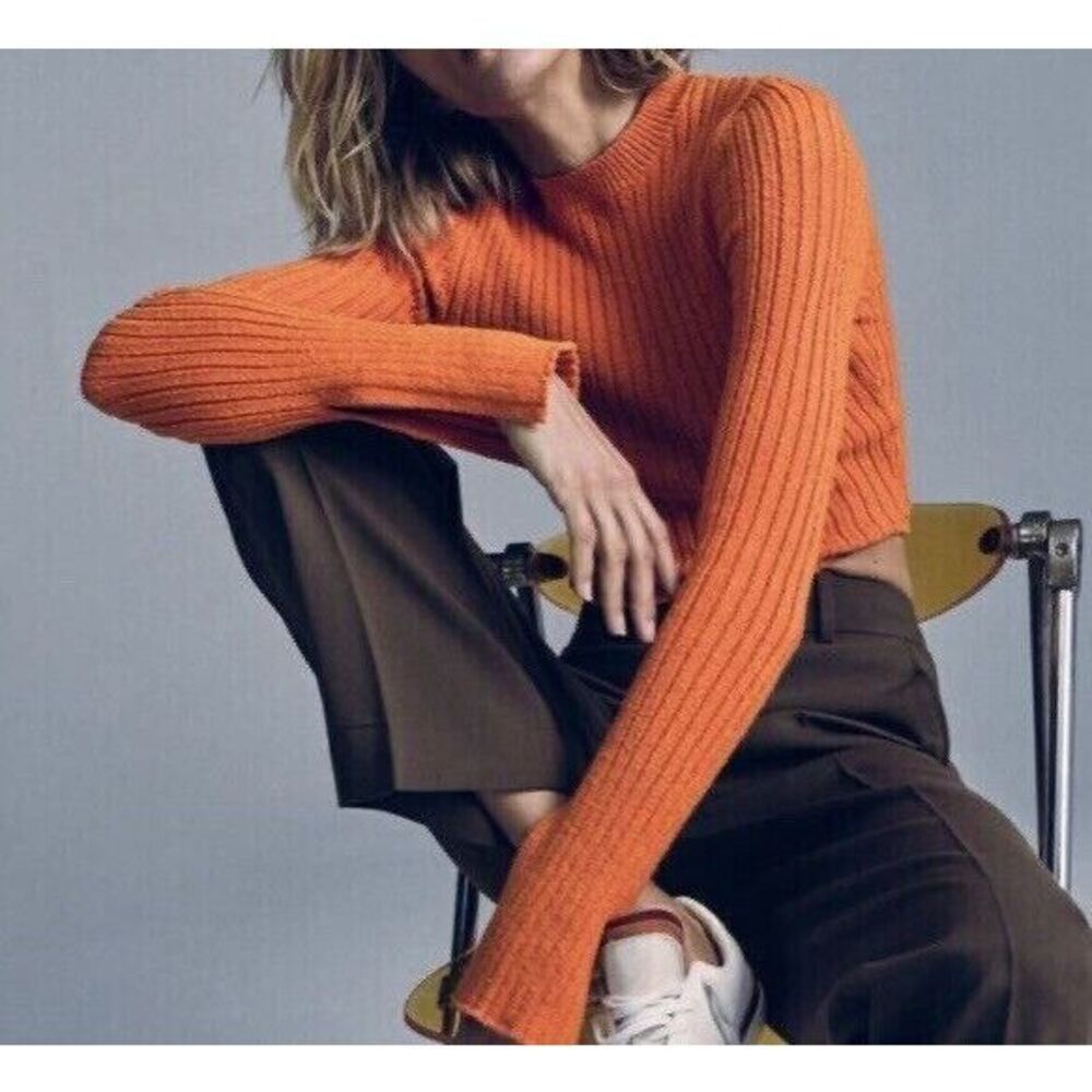 Zara Sweater Womens L Orange Ribbed Cropped Split Sleeve‎ Pumpkin Cozy Soft